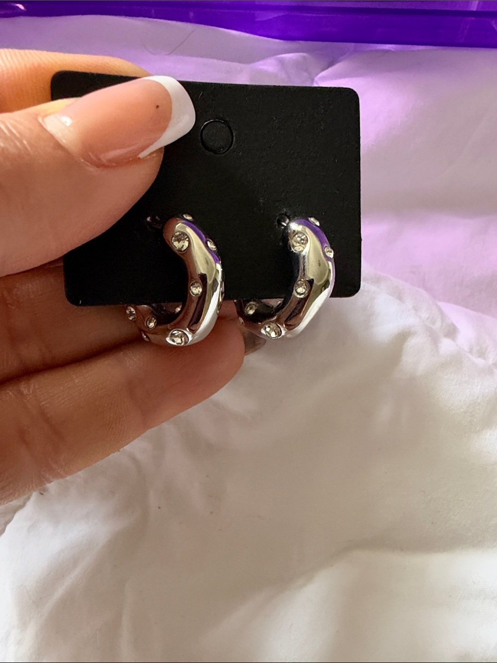 Silver Crystal Accent Hoop Earrings - Women Jewelry